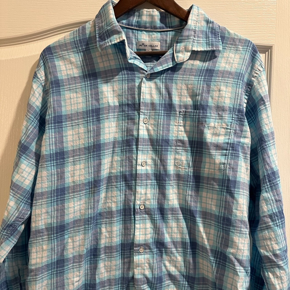Peter Millar Aqua and Navy Check Shirt